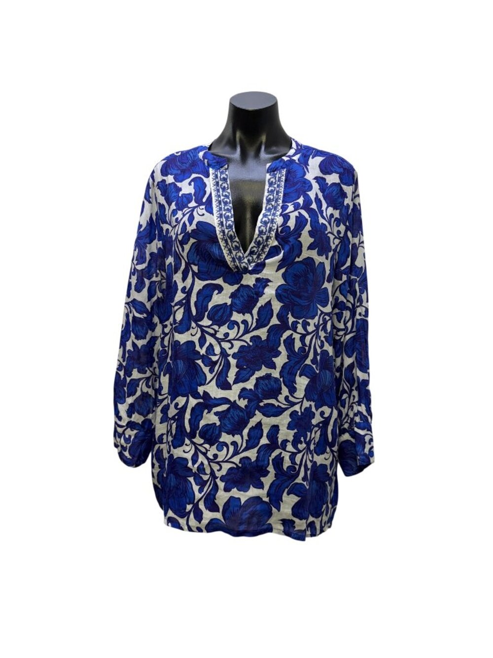 Johnny Was Workshop Blue & White Floral Blouse Tunic Top M